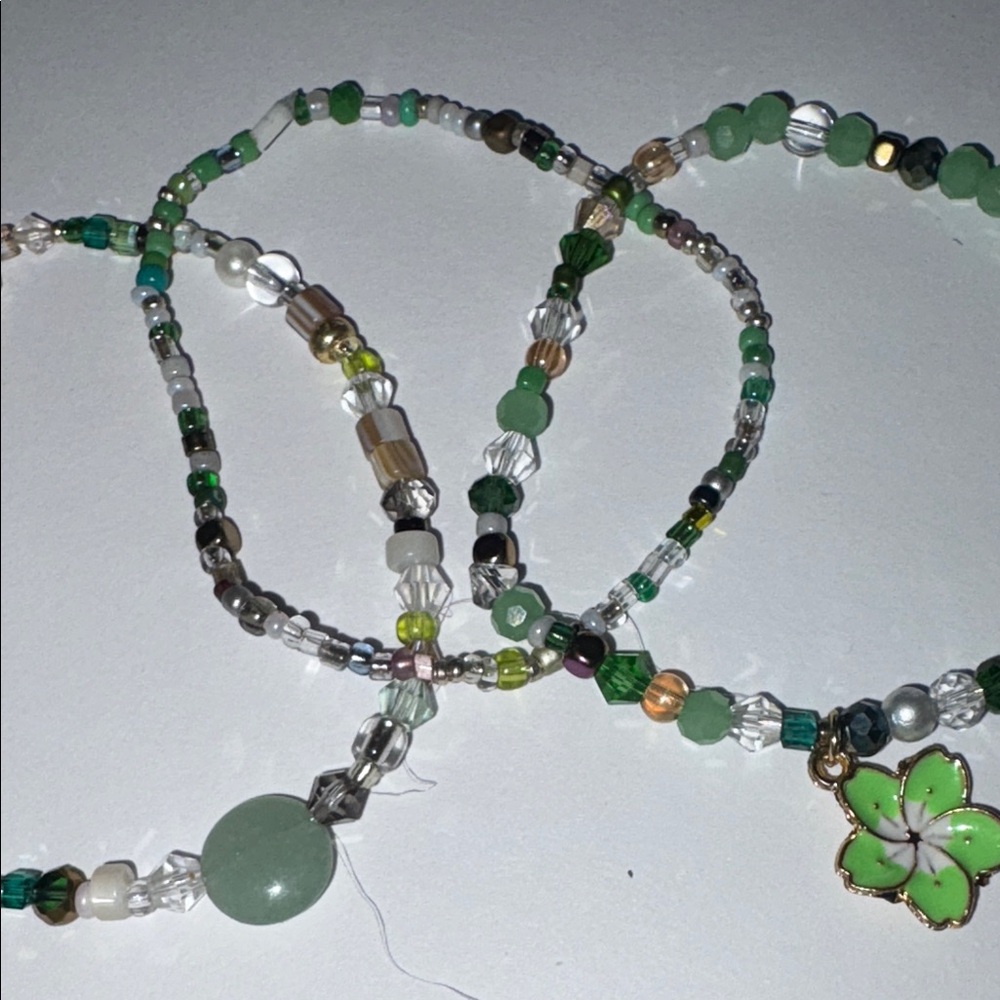 Green Beaded Bracelet Set with Clover Charm by Sassy Charmer